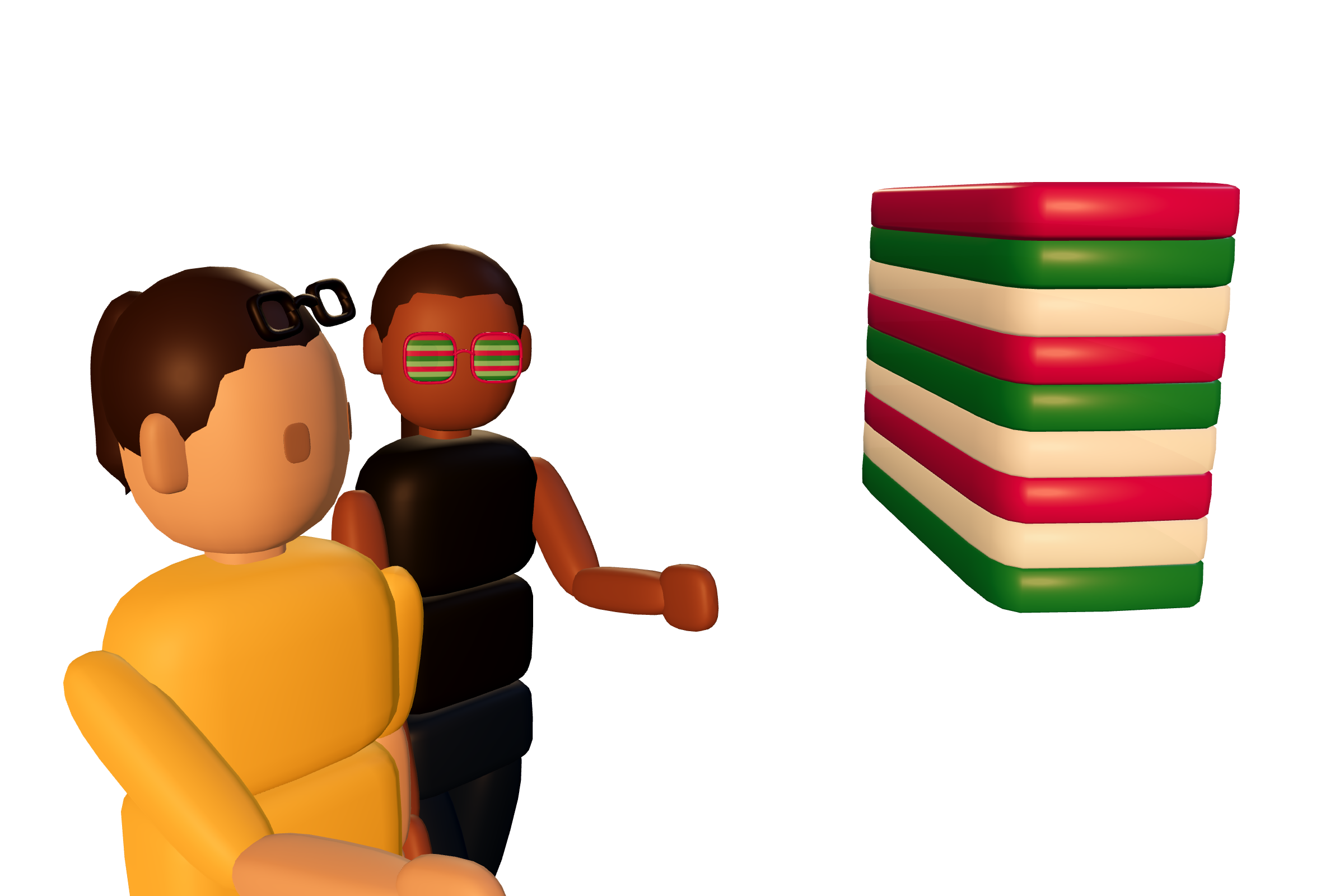 Two Kuehverse characters mid-stride and mid-conversation, beside a floating slice of red, white, and green kueh lapis